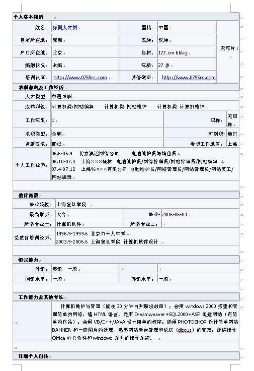 網站編輯個人簡歷模板下載
