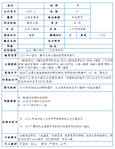 應用心理學個人簡歷表格