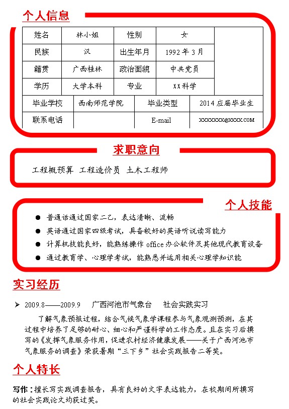 土木工程師應屆生簡歷模版
