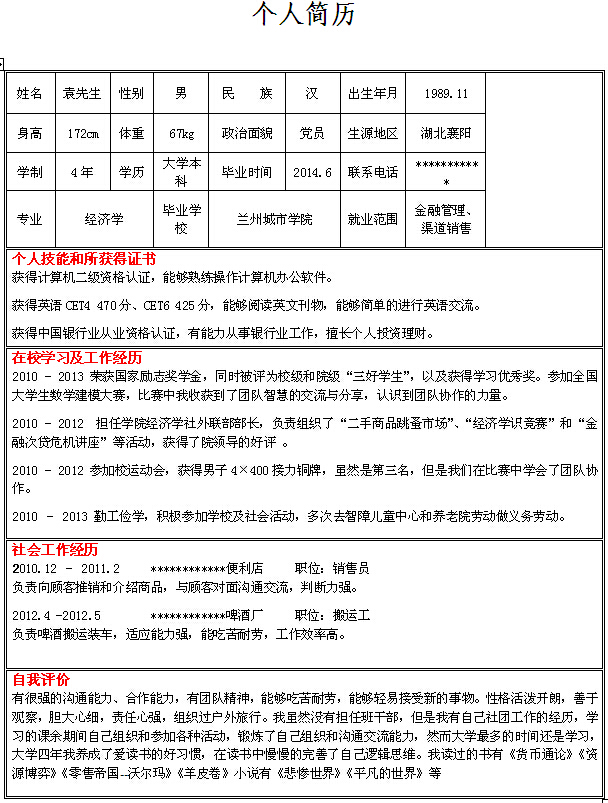 2014年經濟學個人簡歷模板