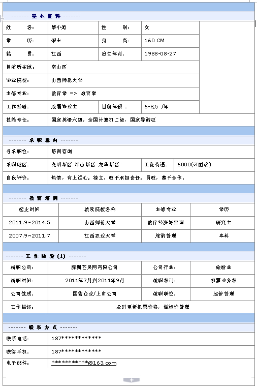 培訓咨詢個人簡歷模板