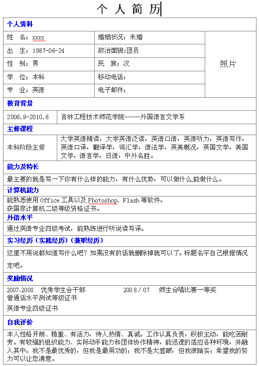 英語老師個人求職簡歷模板