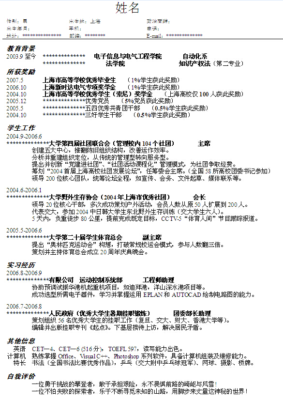 電子、電氣工程學個人簡歷模板