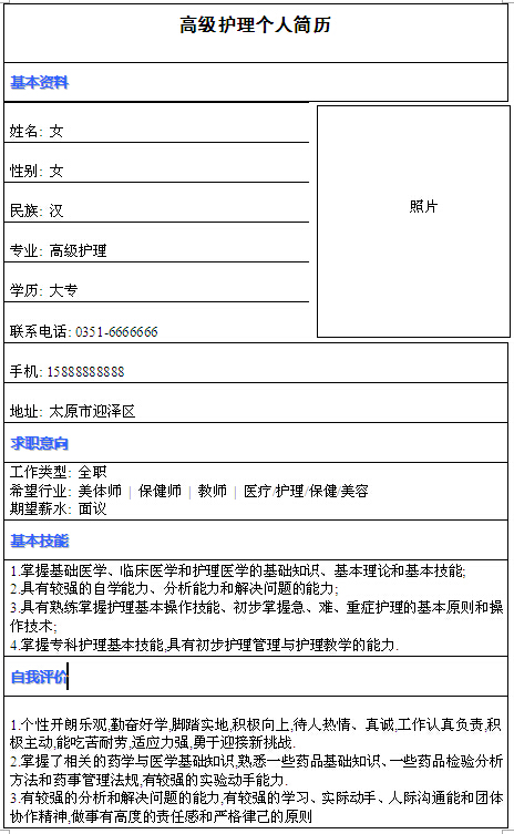 高級護理個人簡歷模板