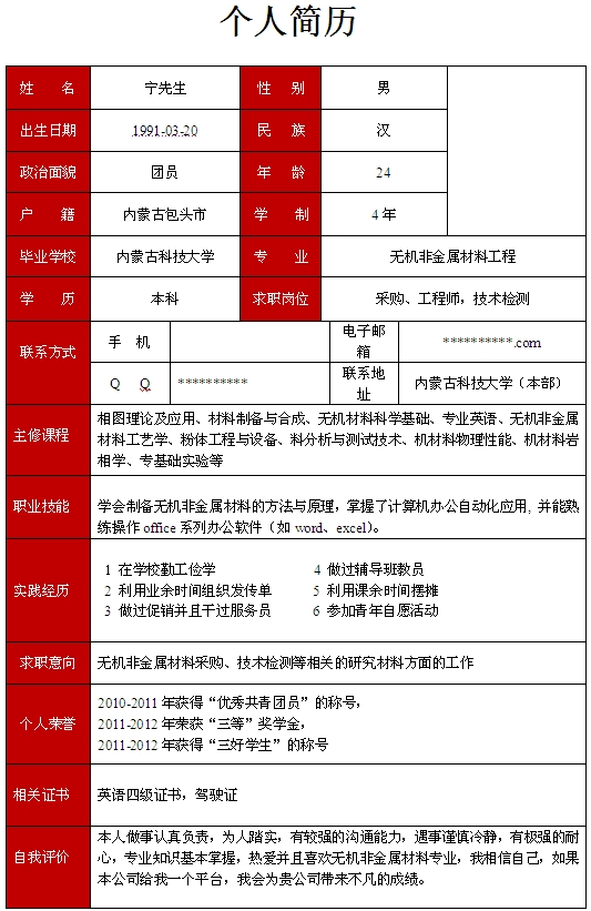 無機非金屬材料工程個人簡歷模板