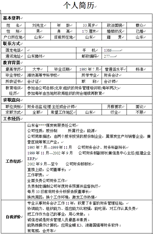 財務總監個人求職簡歷模板