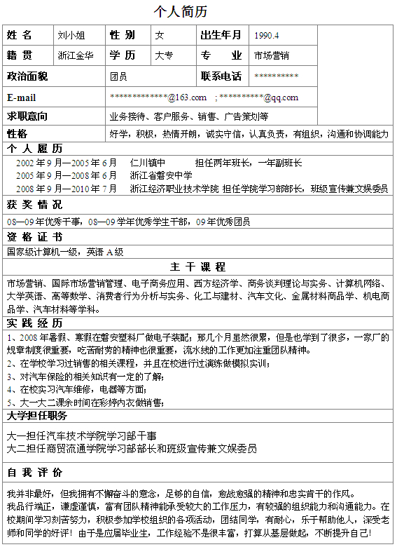 客服服務個人求職簡歷模板